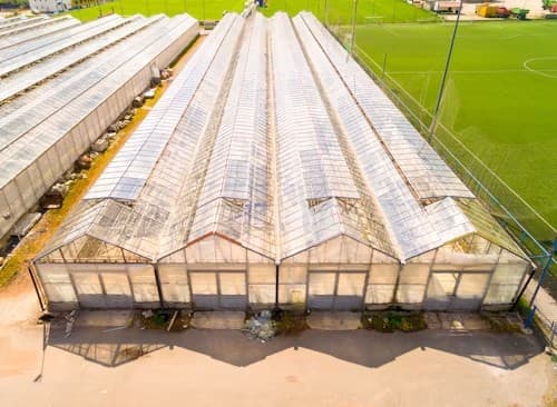 Aerial view of large glass greenhouses next to green fields, used for controlled organic fibre cultivation