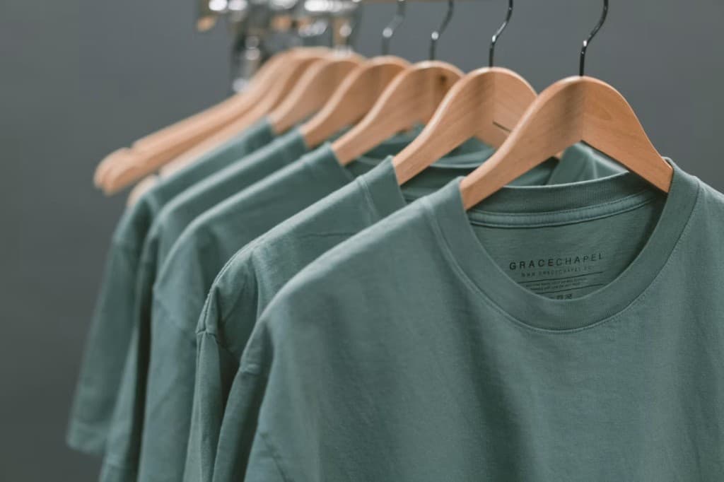 White and pale-blue organic cotton dress shirts hanging on a steel rack